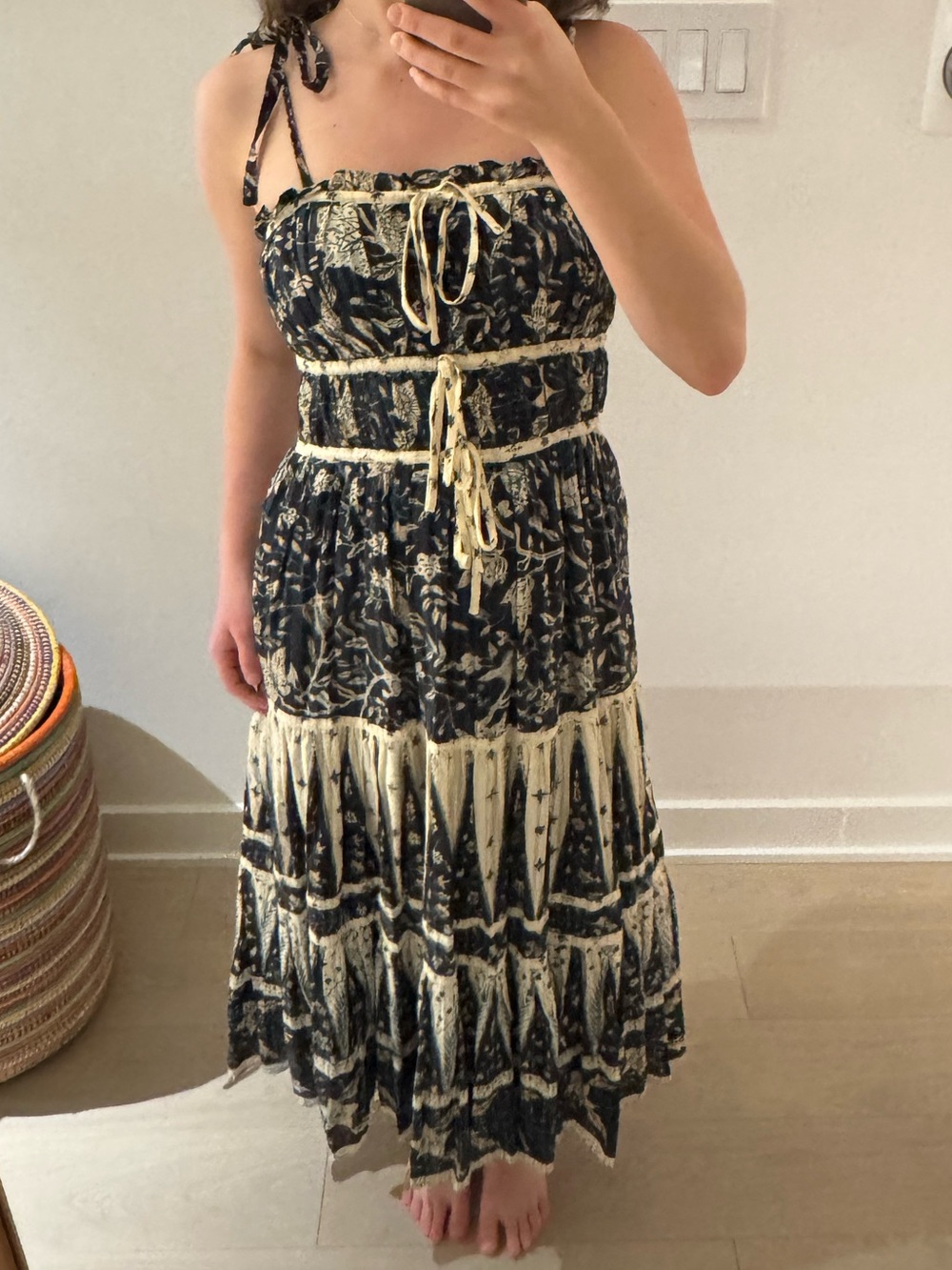 Ulla Johnson Smocked Tie-Shoulder Midi Dress